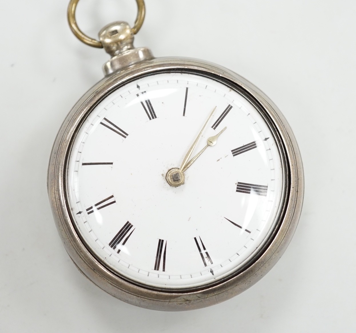 A 19th century silver pair cased keywind verge pocket watch, by Edward Tompian, London, with Roman dial, the signed movement numbered 9285, case diameter 50mm, outer case maker differs form inner case.